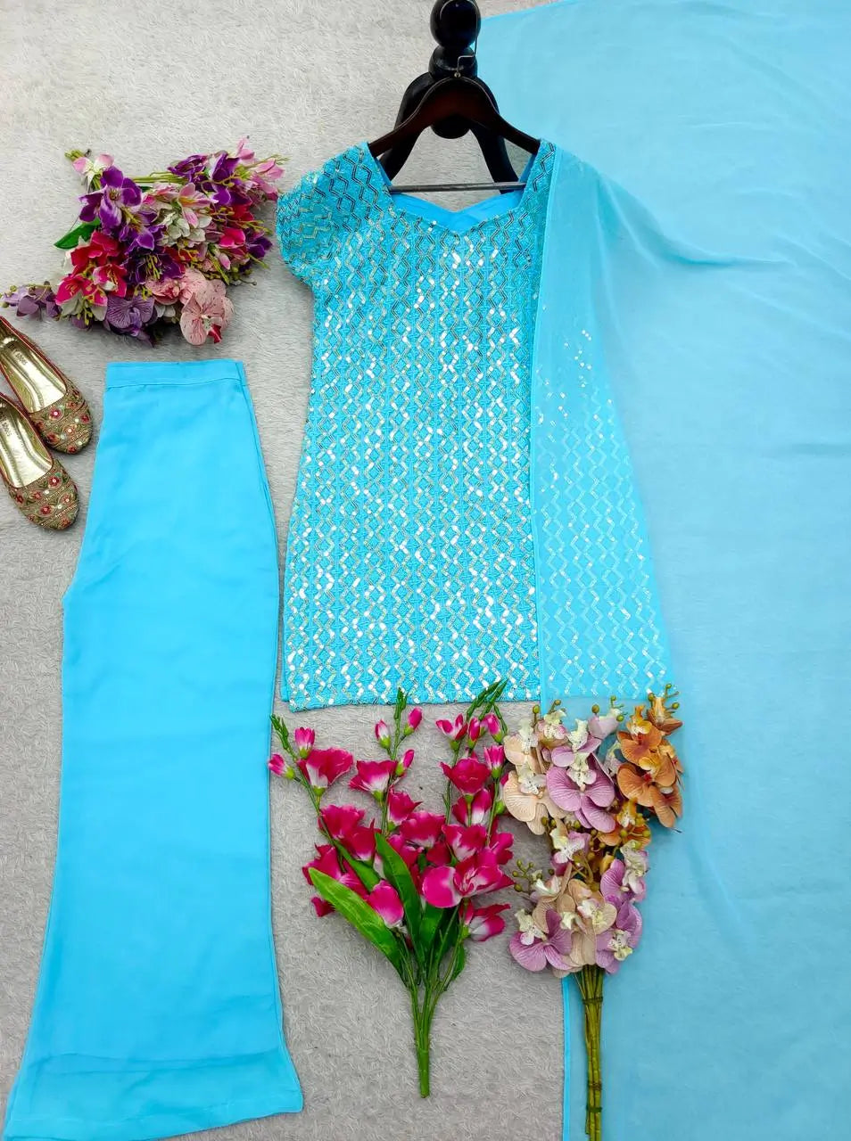 Embroidered Fox Georgette Palazzo Suit Set