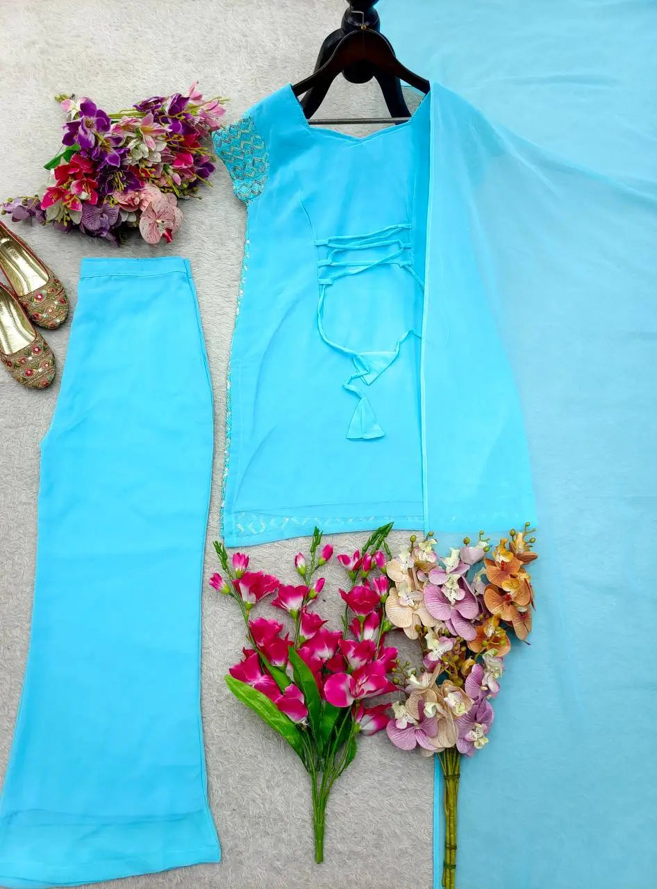 Embroidered Fox Georgette Palazzo Suit Set