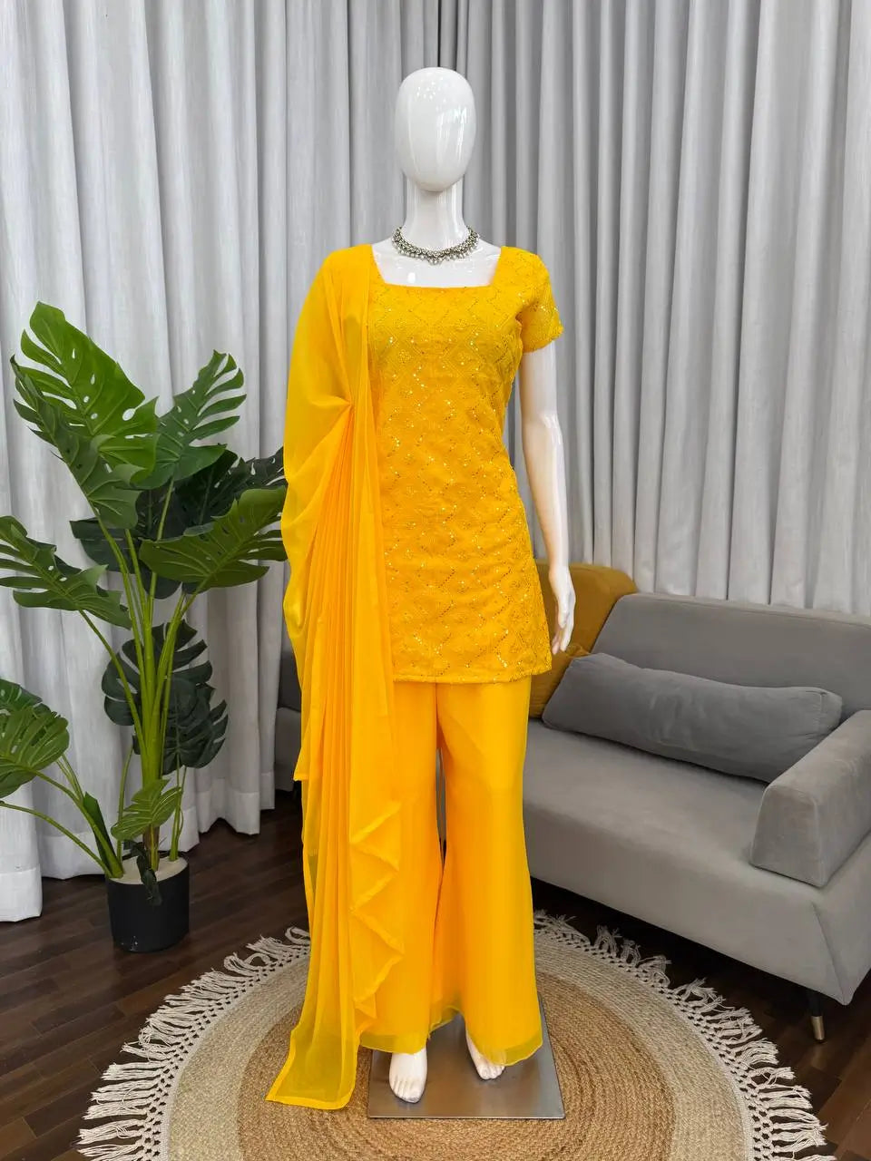Embroidered Fox Georgette Palazzo Suit Set