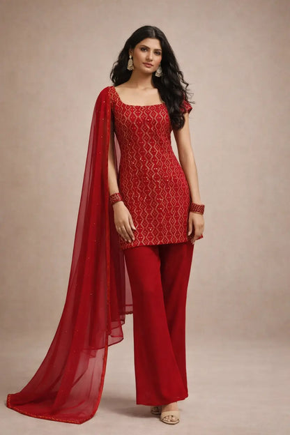 Embroidered Fox Georgette Palazzo Suit Set