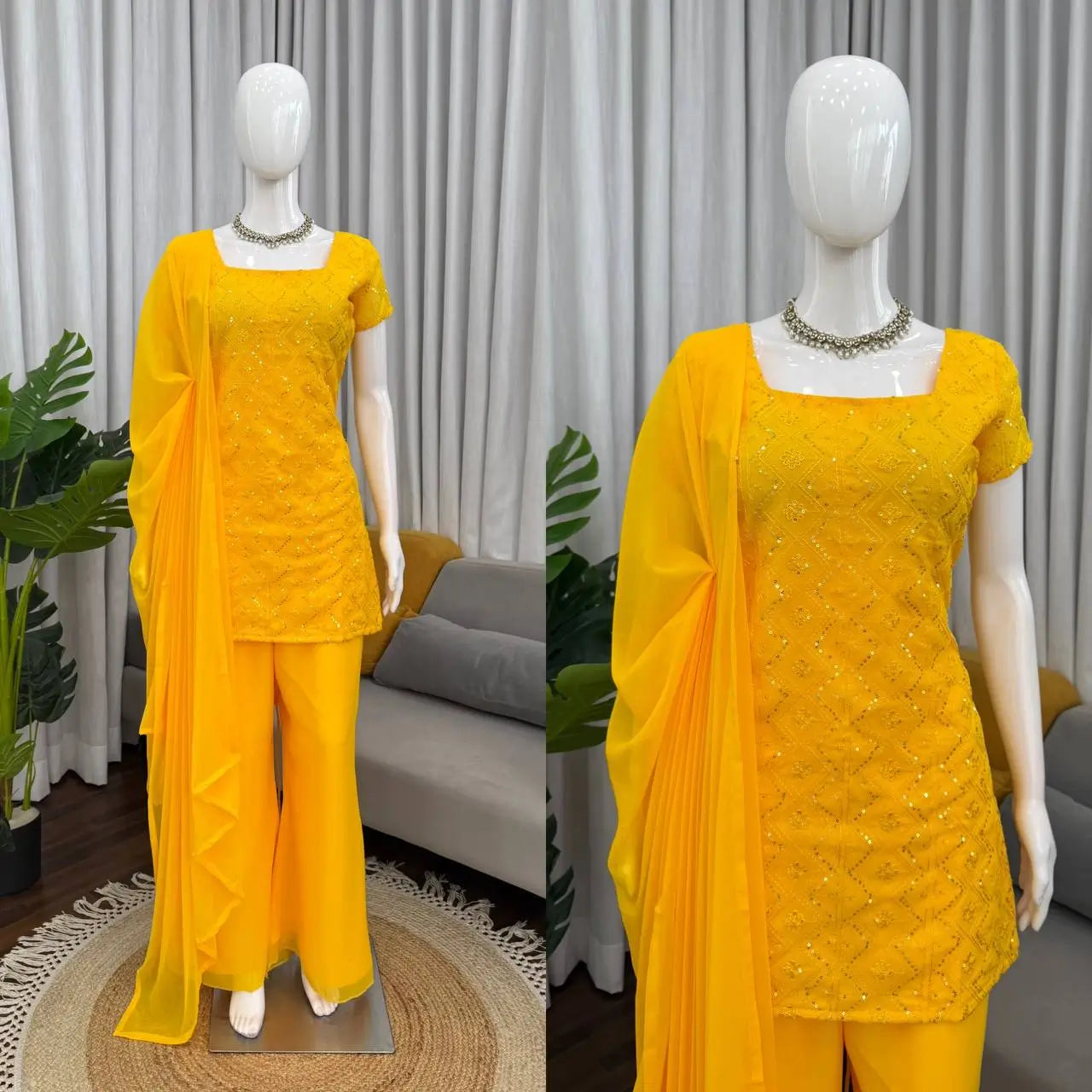 Embroidered Fox Georgette Palazzo Suit Set
