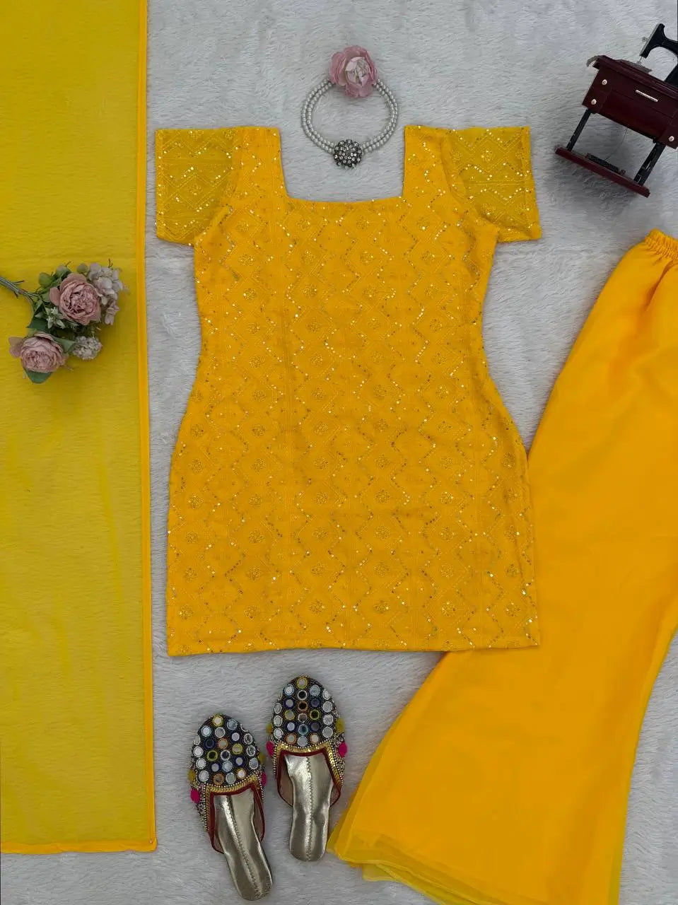 Embroidered Fox Georgette Palazzo Suit Set