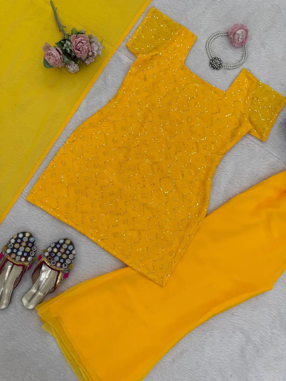 Embroidered Fox Georgette Palazzo Suit Set