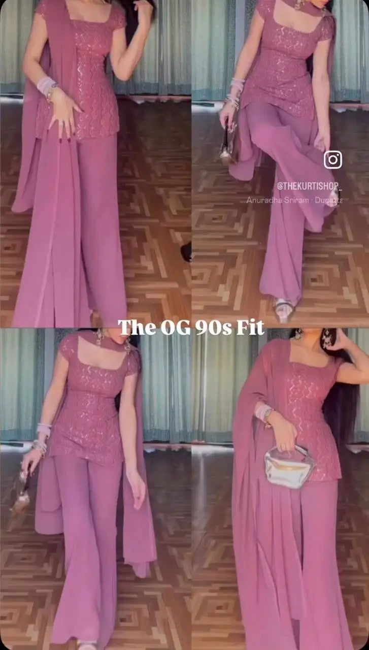 Embroidered Fox Georgette Palazzo Suit Set