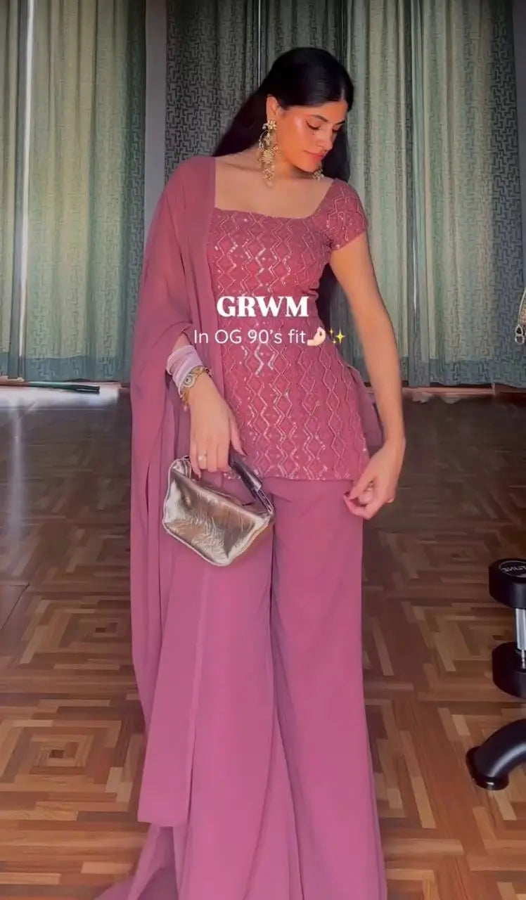 Embroidered Fox Georgette Palazzo Suit Set
