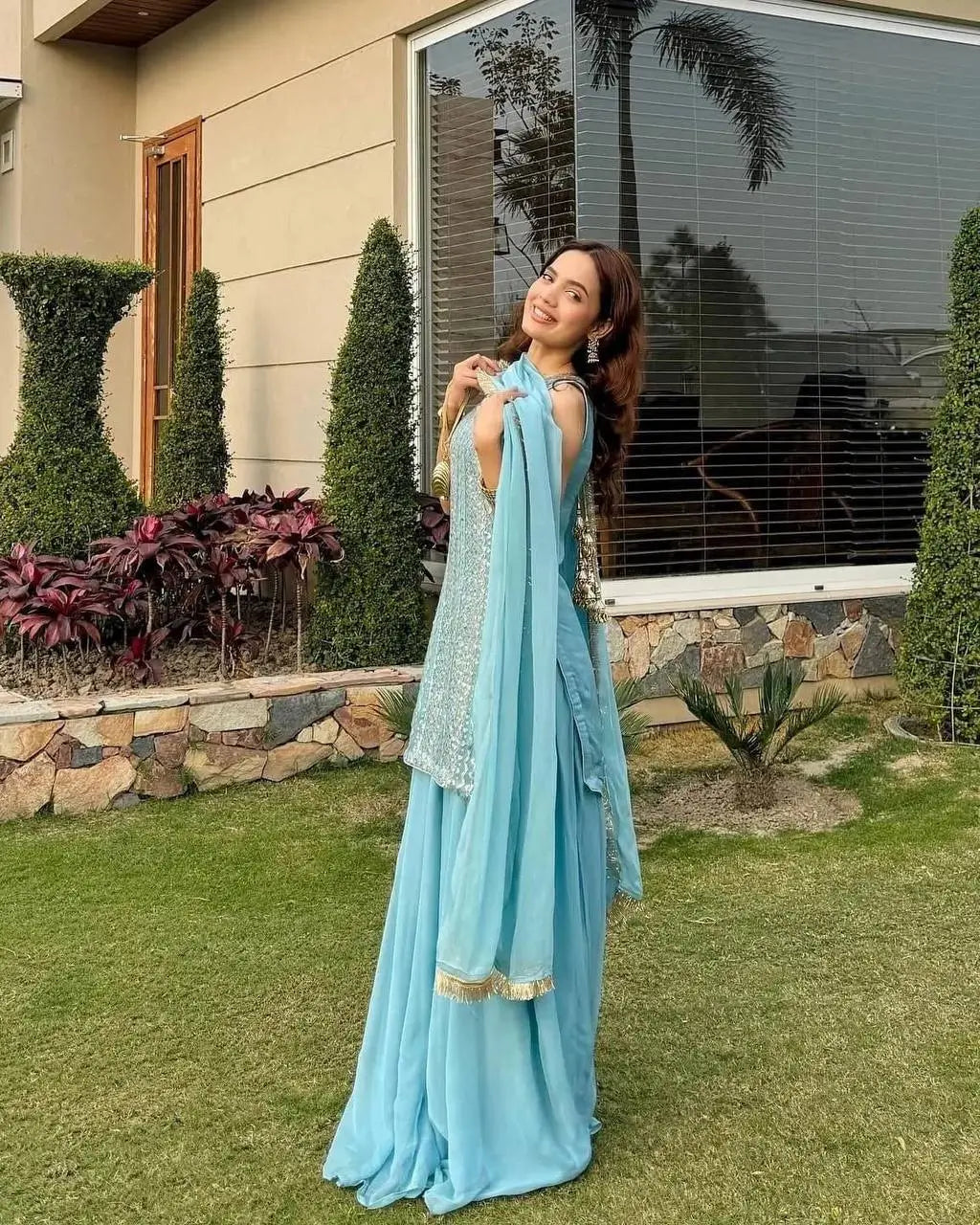 Embroidered Fox Georgette Palazzo Suit with Dupatta