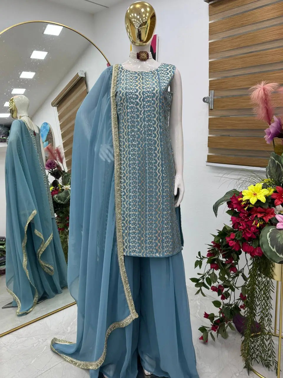 Embroidered Fox Georgette Palazzo Suit with Dupatta