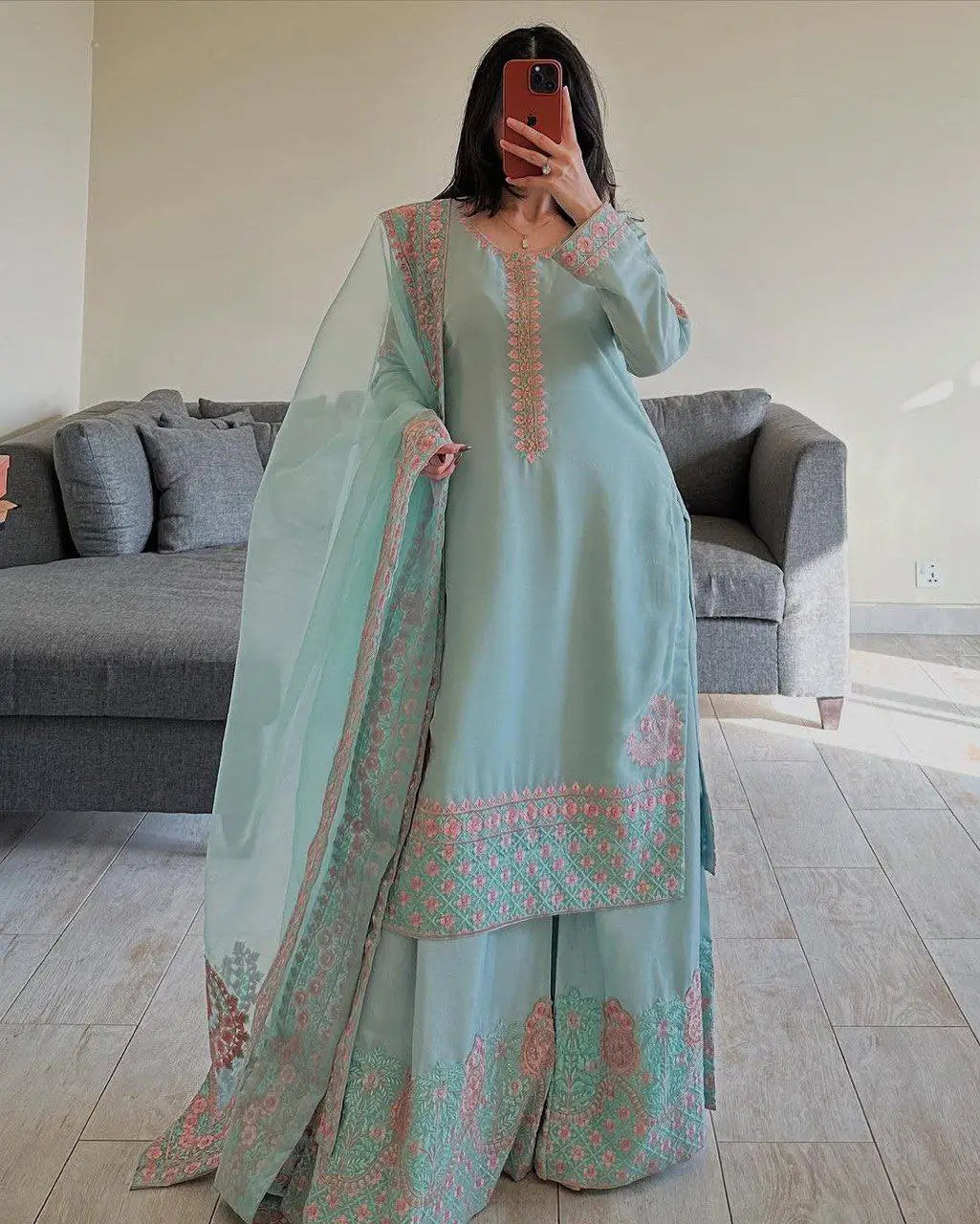 Embroidered Fox Georgette Palazzo Suit