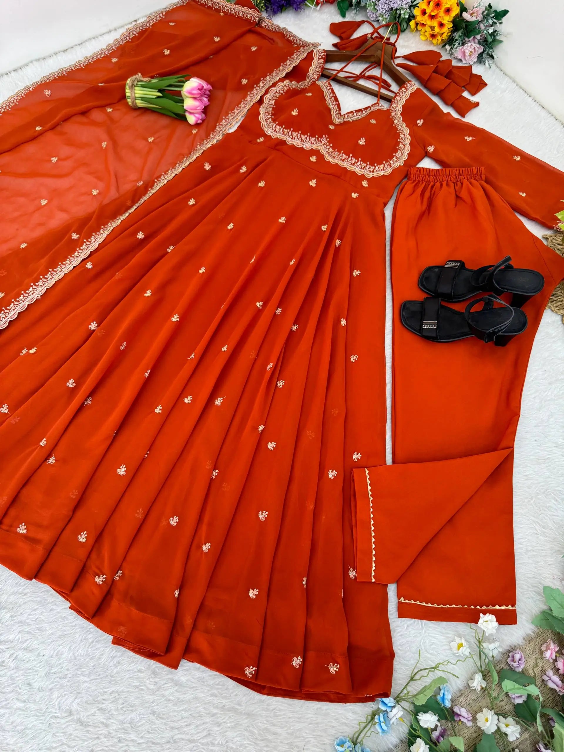 Embroidered Fox Georgette Umbrella Gown Set