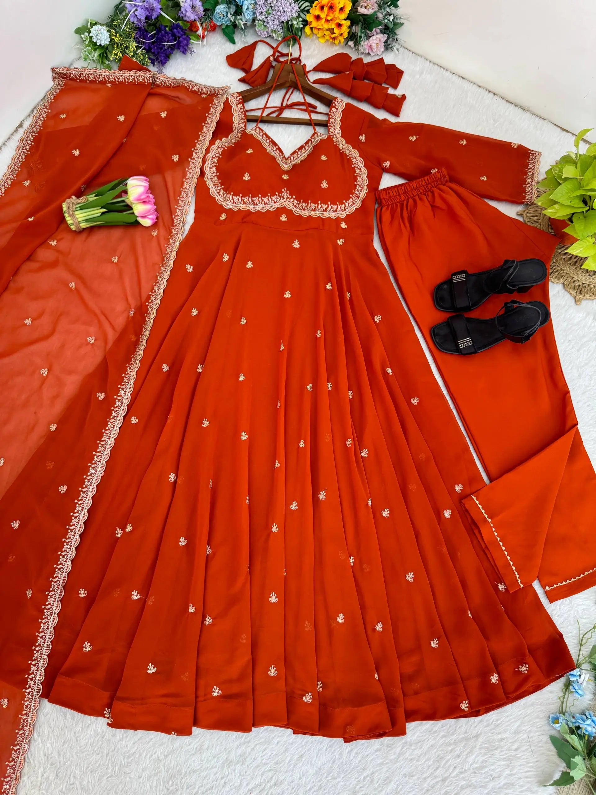 Embroidered Fox Georgette Umbrella Gown Set