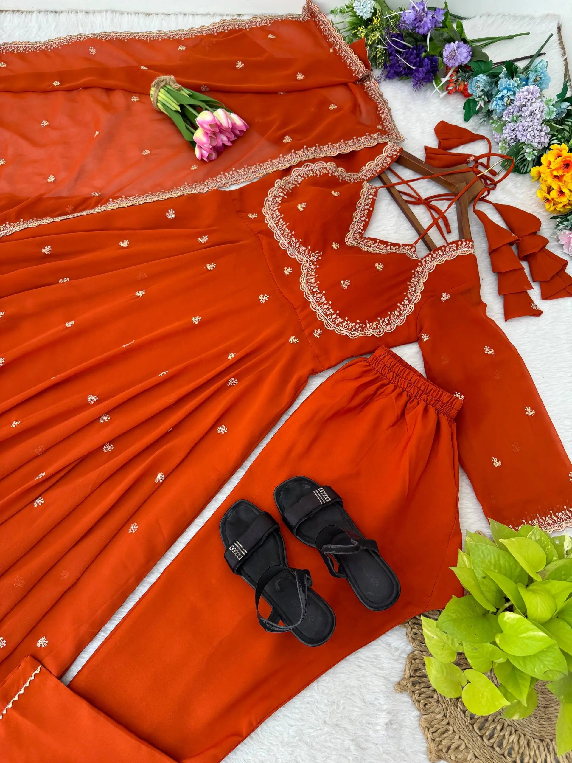 Embroidered Fox Georgette Umbrella Gown Set