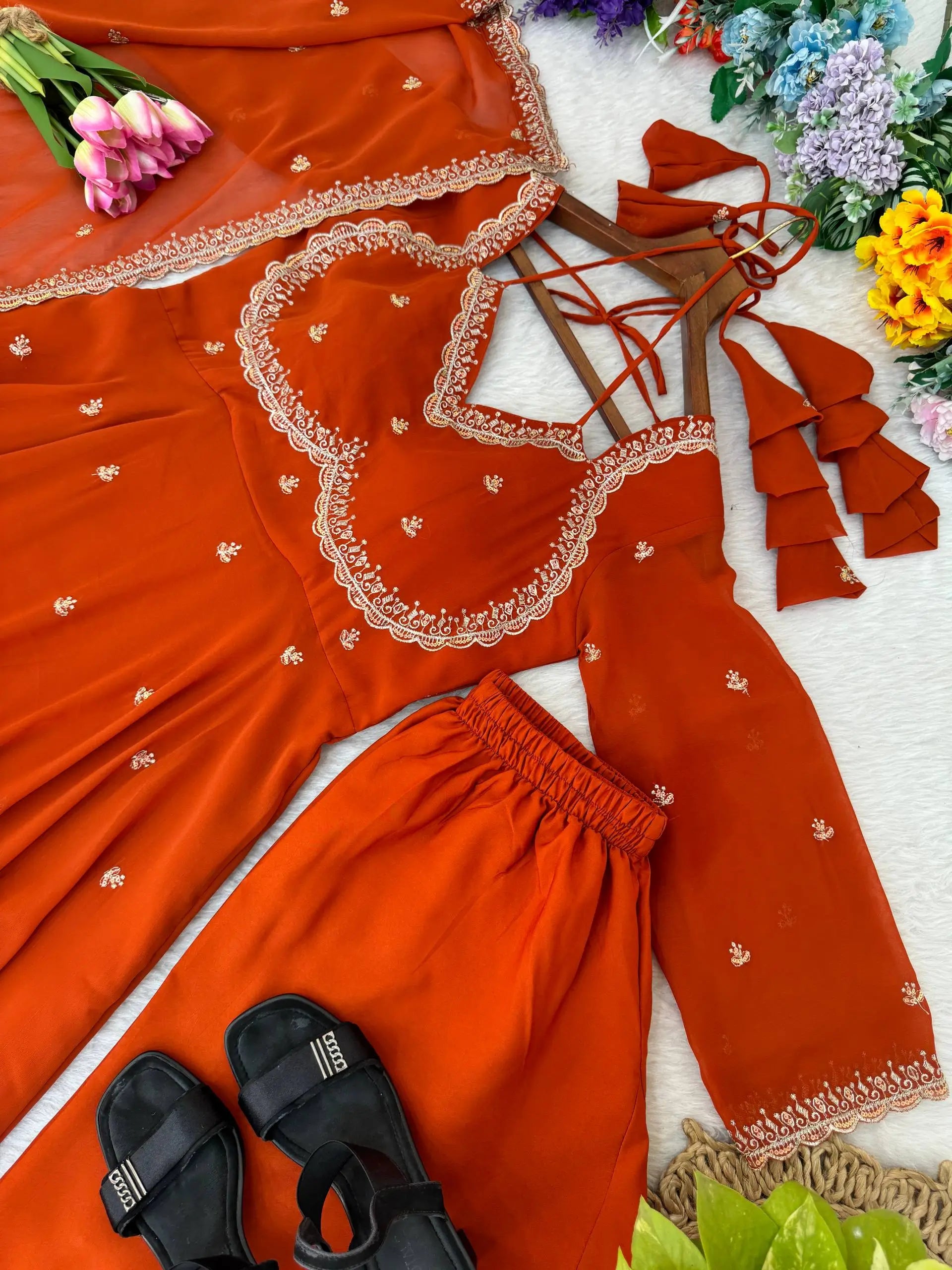 Embroidered Fox Georgette Umbrella Gown Set