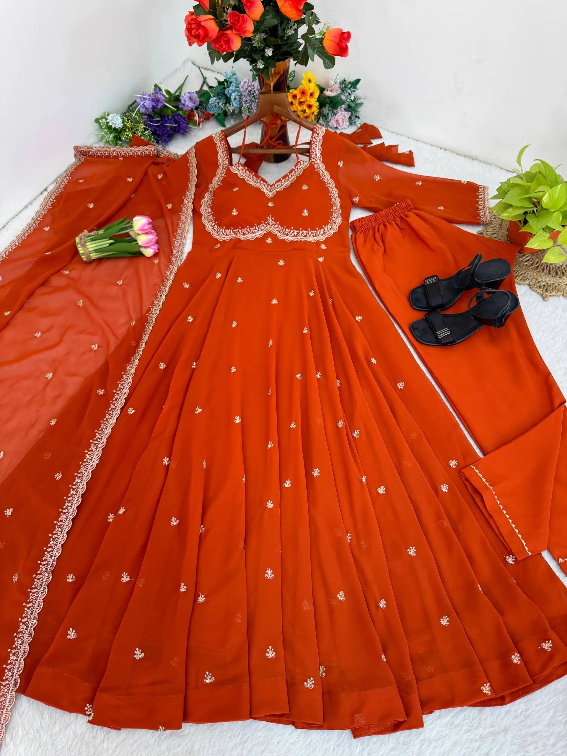 Embroidered Fox Georgette Umbrella Gown Set