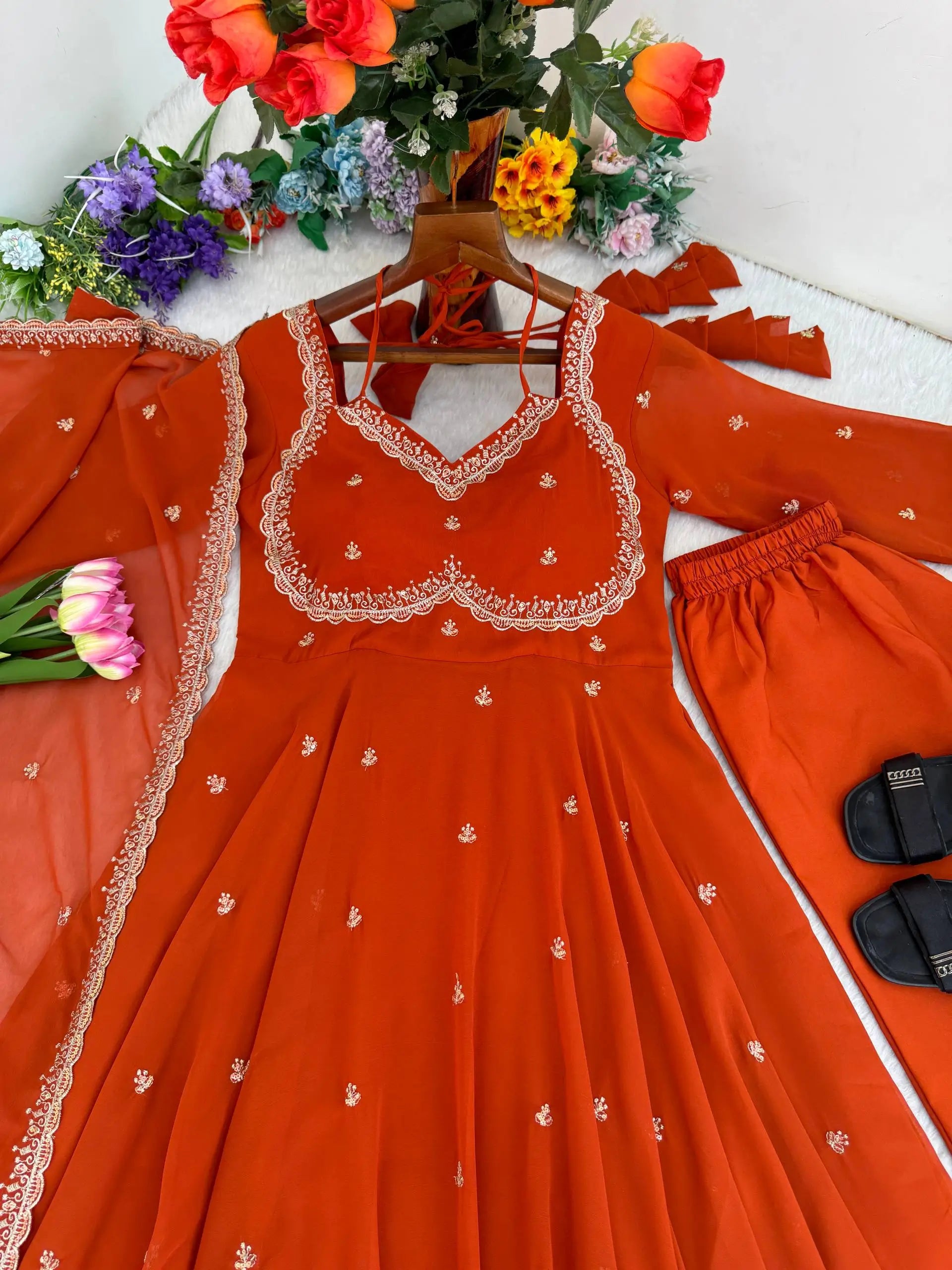 Embroidered Fox Georgette Umbrella Gown Set