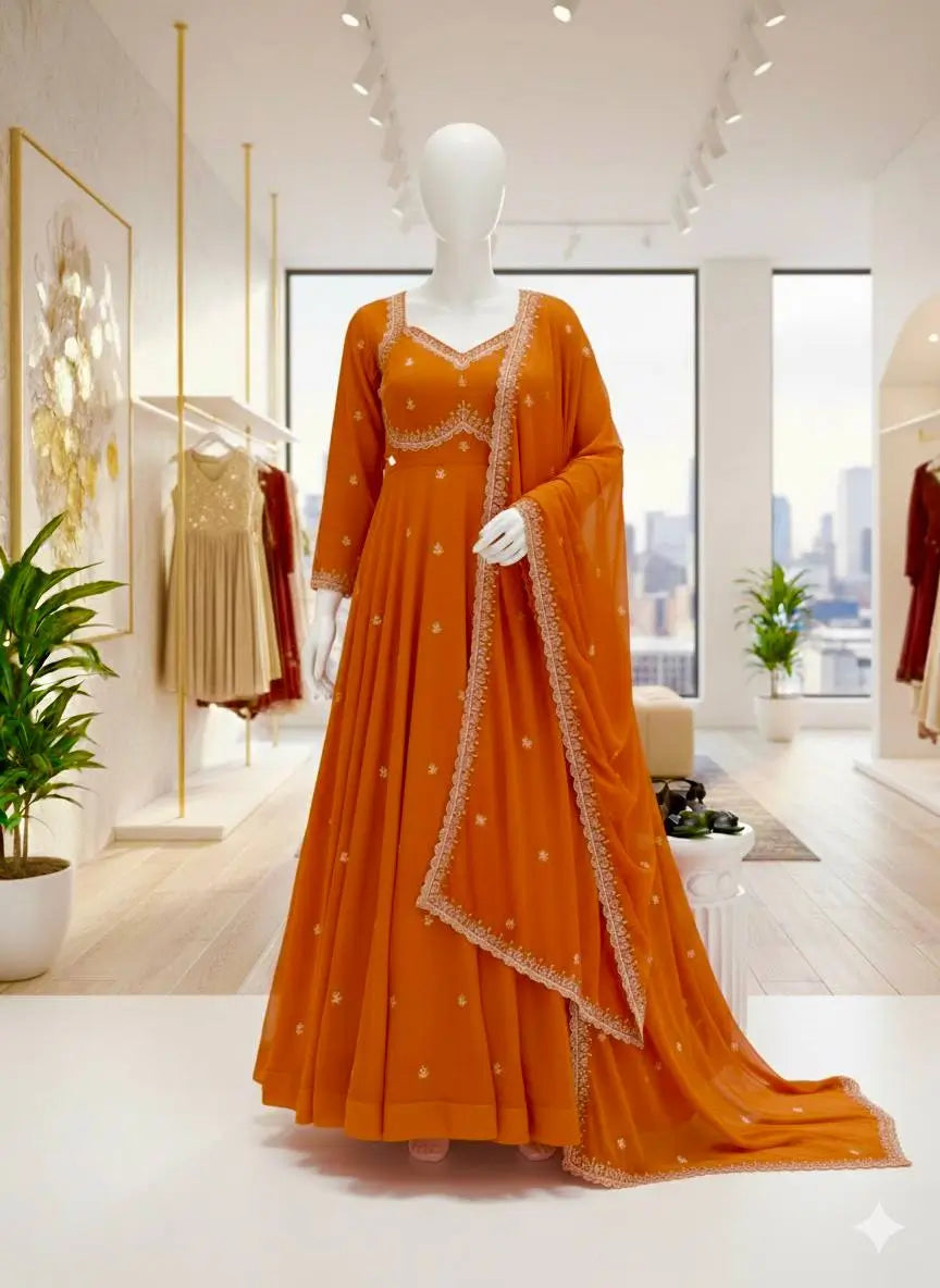 Embroidered Fox Georgette Umbrella Gown Set