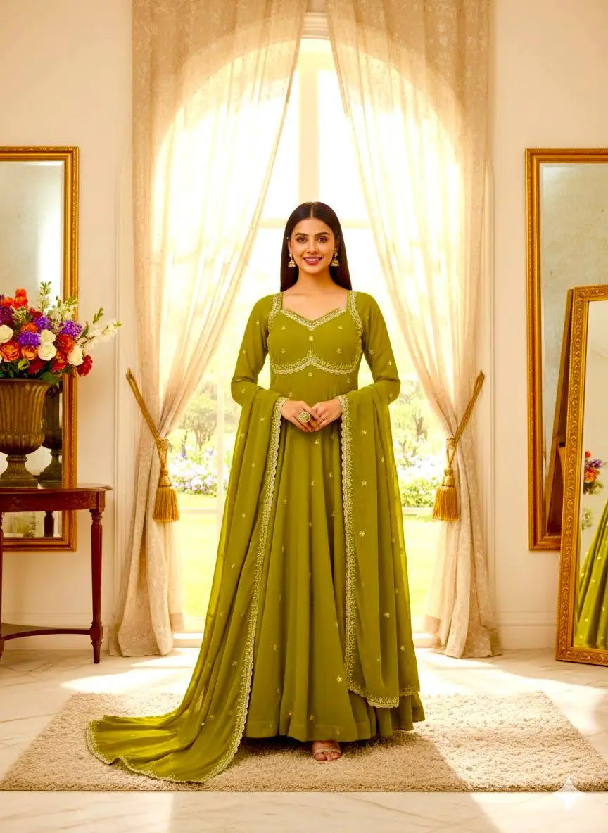 Embroidered Fox Georgette Umbrella Gown Set