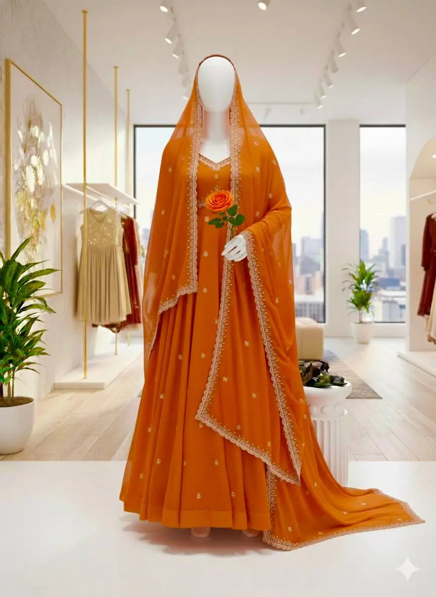 Embroidered Fox Georgette Umbrella Gown Set
