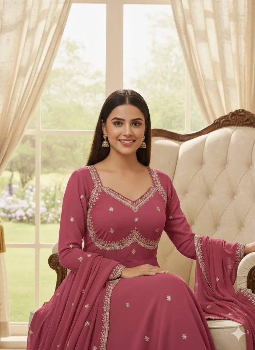 Embroidered Fox Georgette Umbrella Gown Set