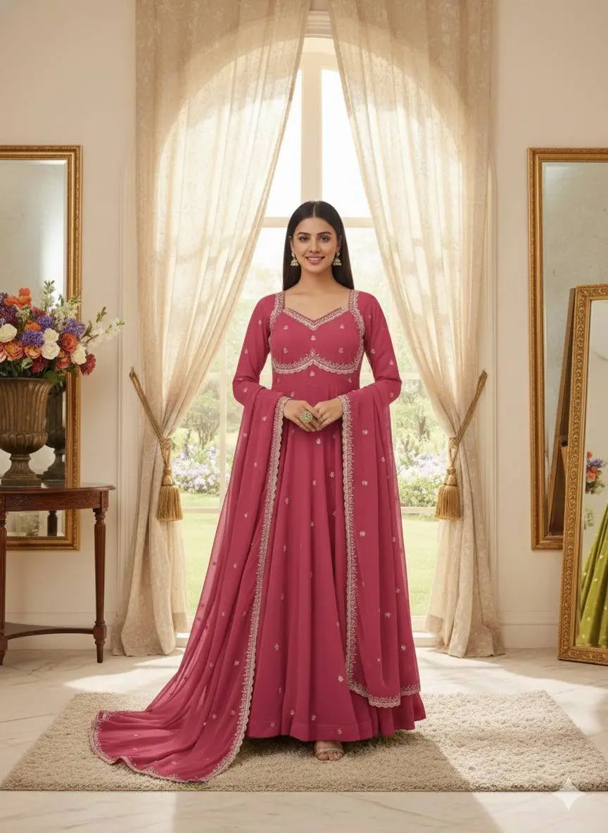 Embroidered Fox Georgette Umbrella Gown Set
