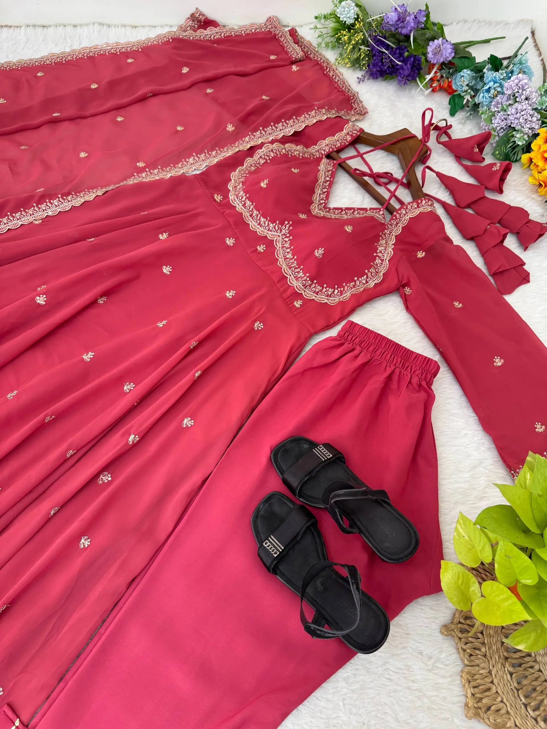 Embroidered Fox Georgette Umbrella Gown Set