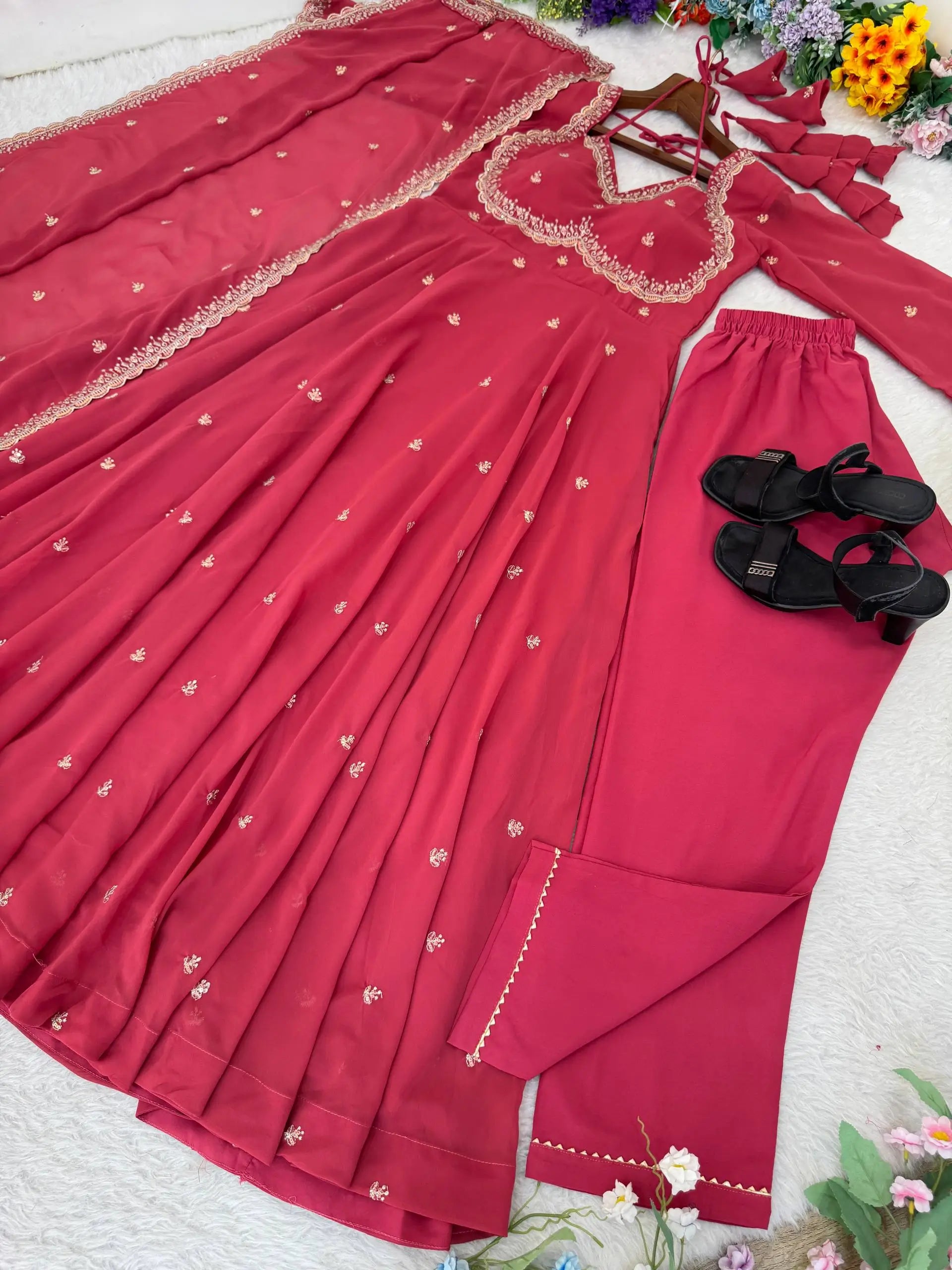 Embroidered Fox Georgette Umbrella Gown Set