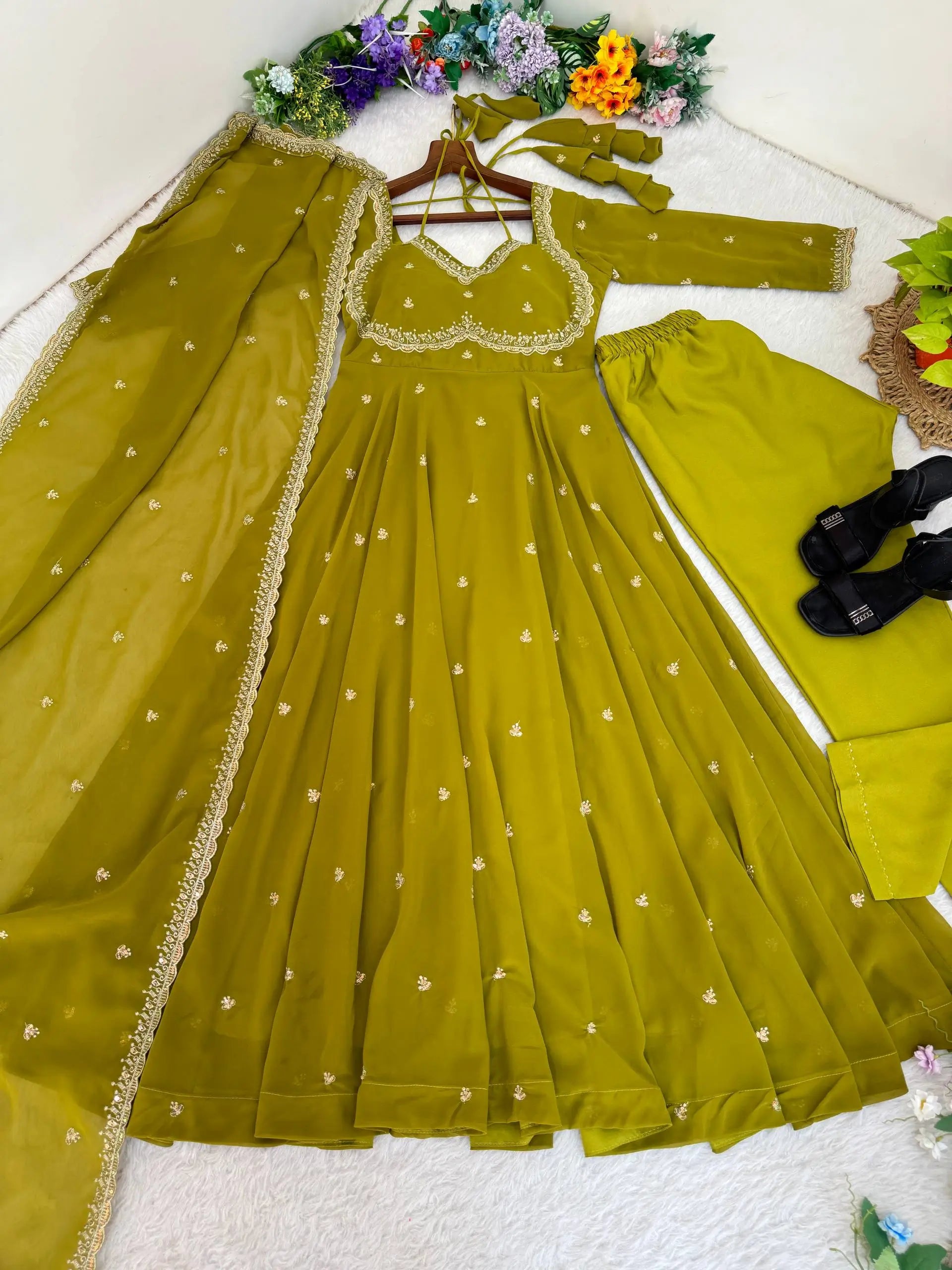 Embroidered Fox Georgette Umbrella Gown Set