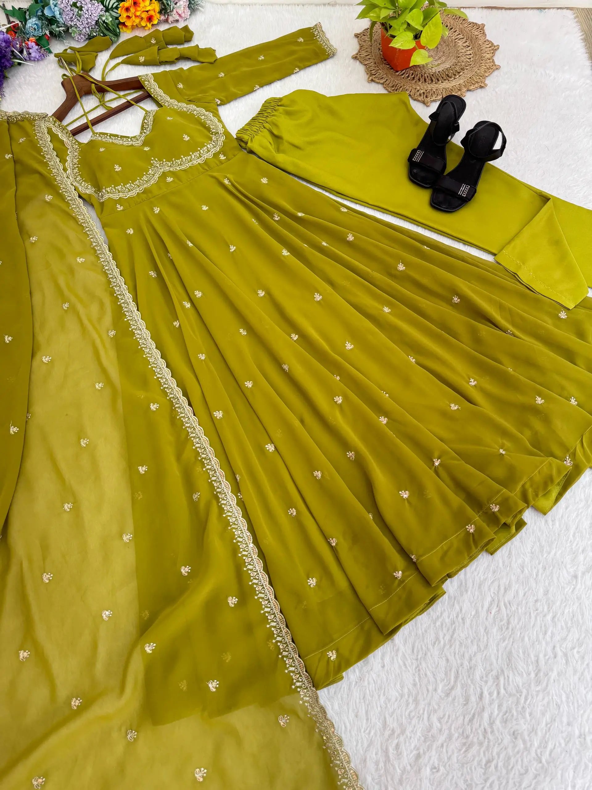 Embroidered Fox Georgette Umbrella Gown Set