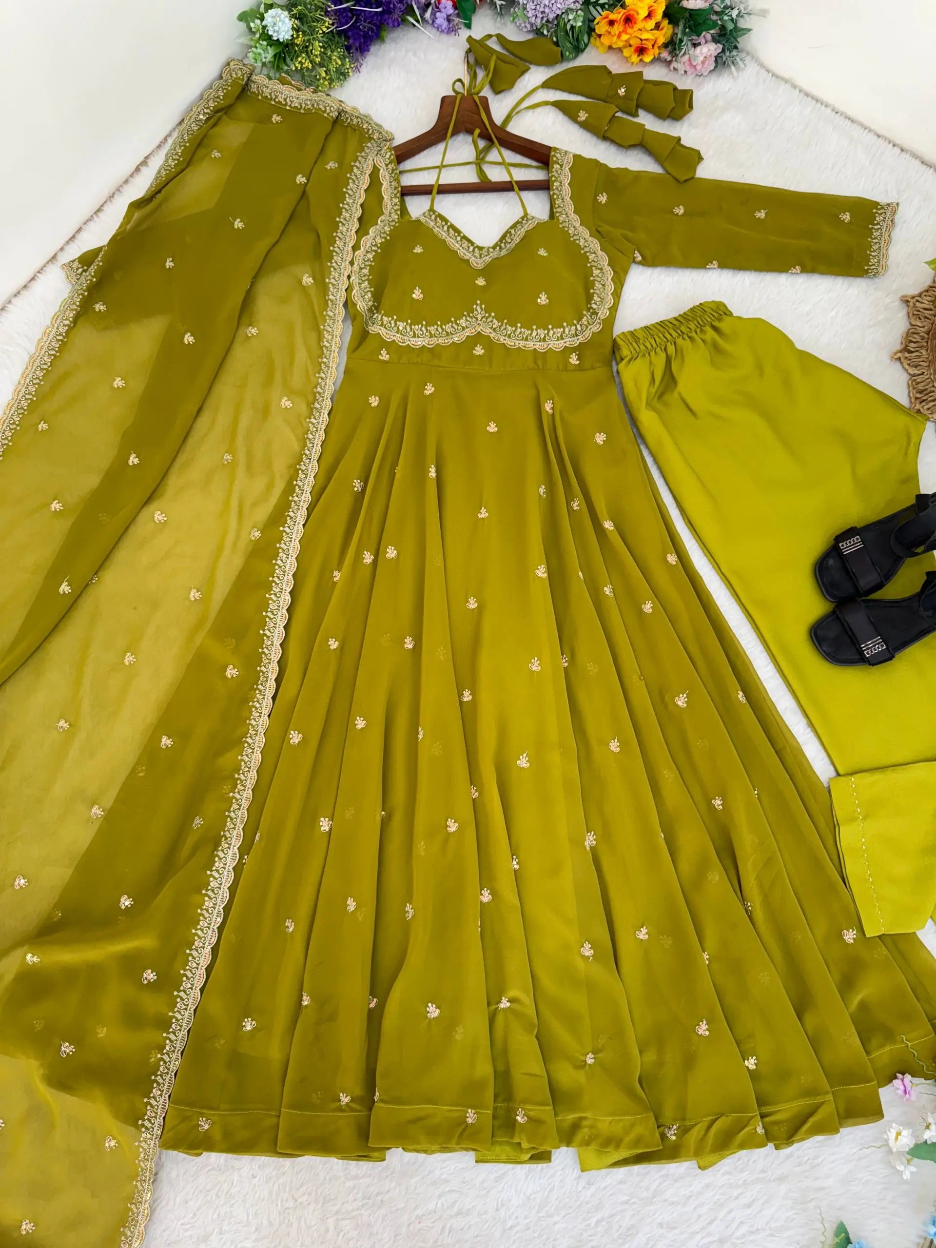 Embroidered Fox Georgette Umbrella Gown Set