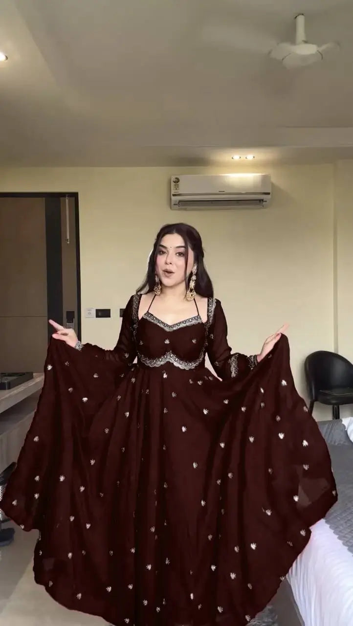 Embroidered Fox Georgette Umbrella Gown Set