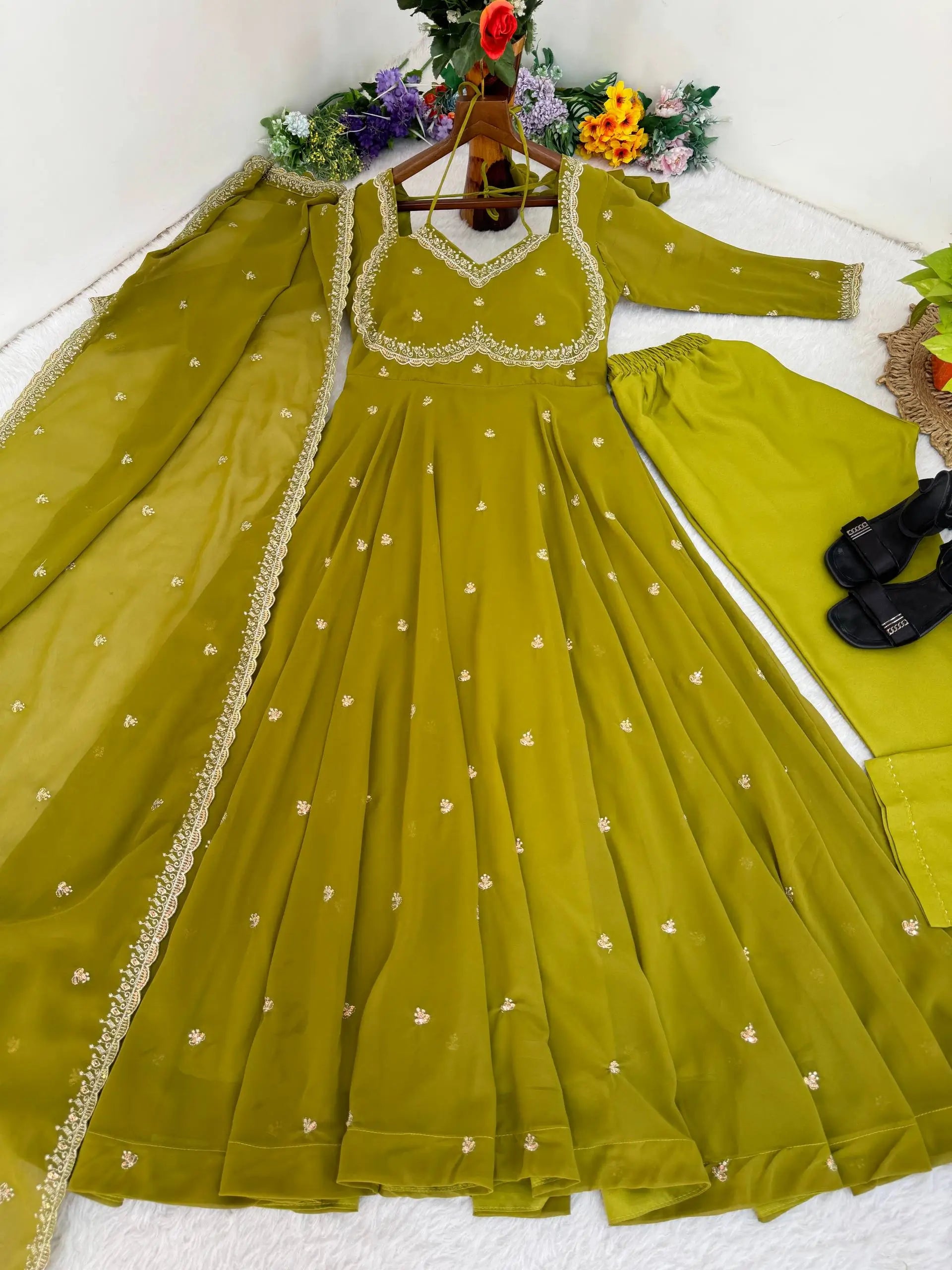 Embroidered Fox Georgette Umbrella Gown Set