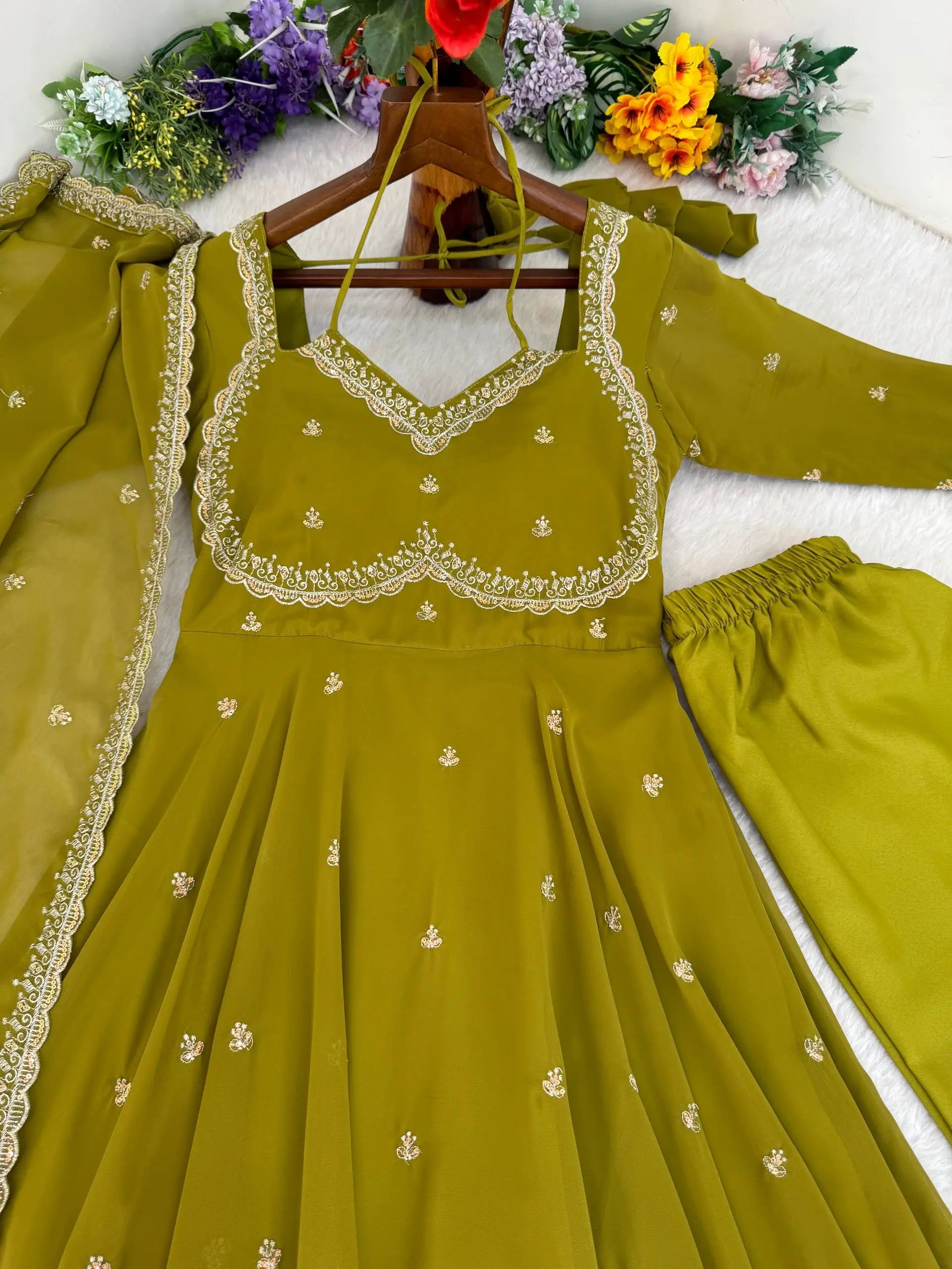 Embroidered Fox Georgette Umbrella Gown Set