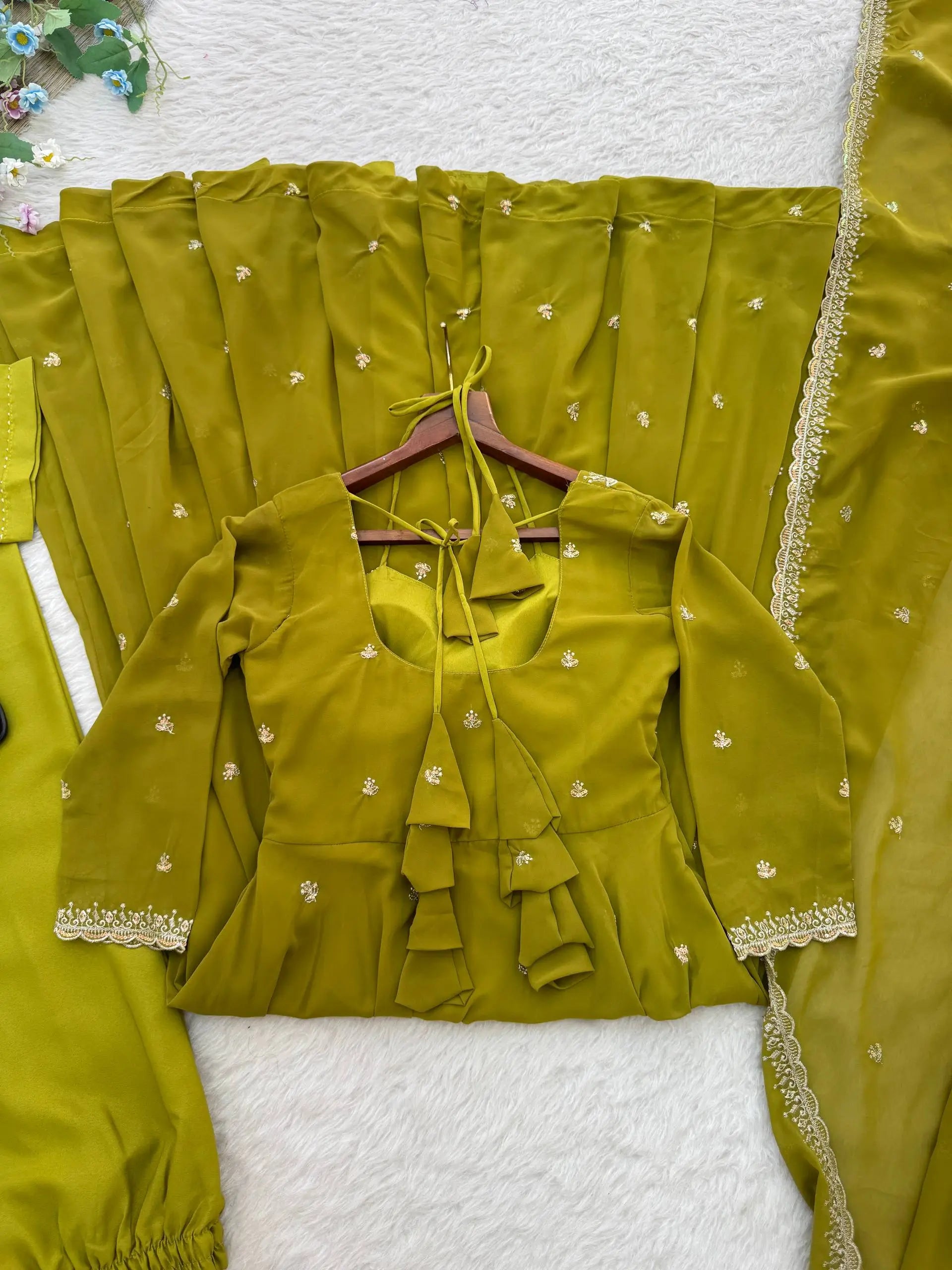 Embroidered Fox Georgette Umbrella Gown Set