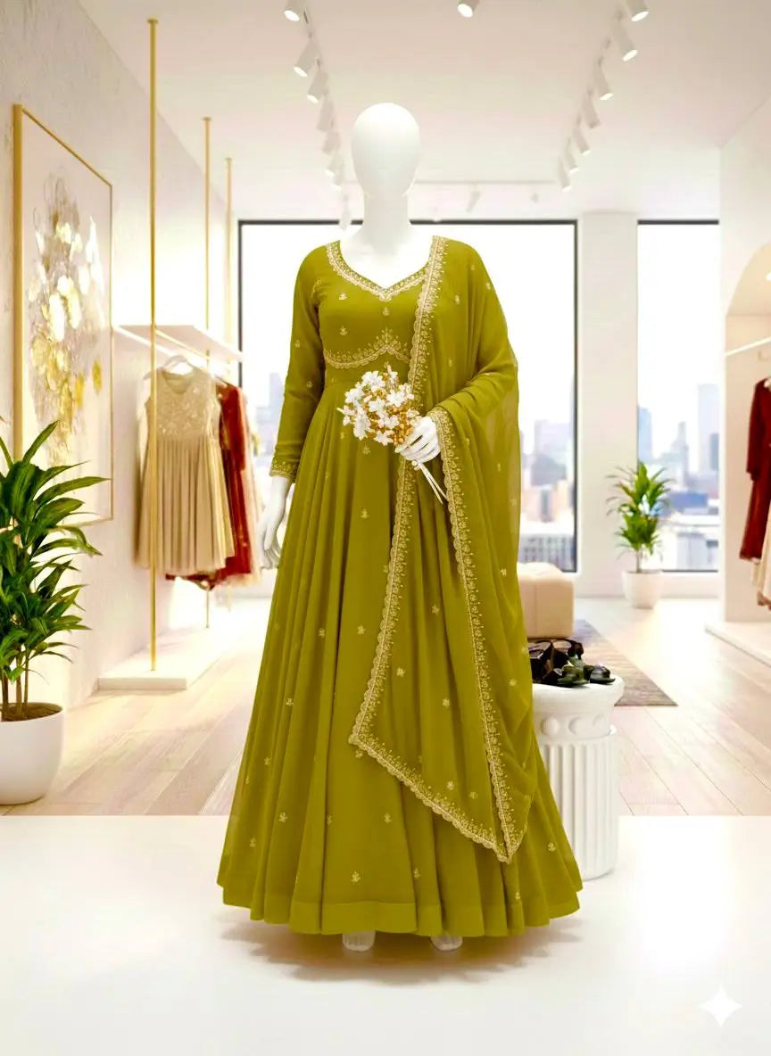 Embroidered Fox Georgette Umbrella Gown Set