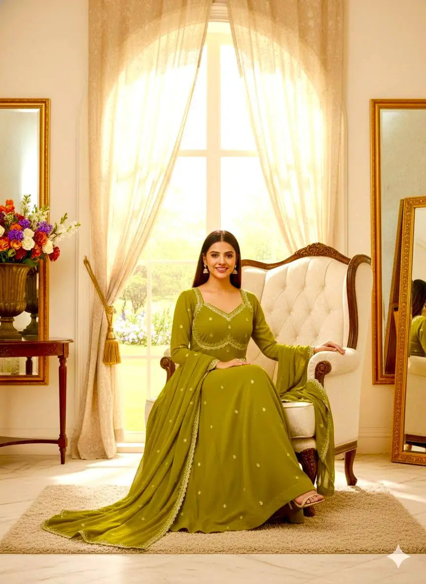 Embroidered Fox Georgette Umbrella Gown Set