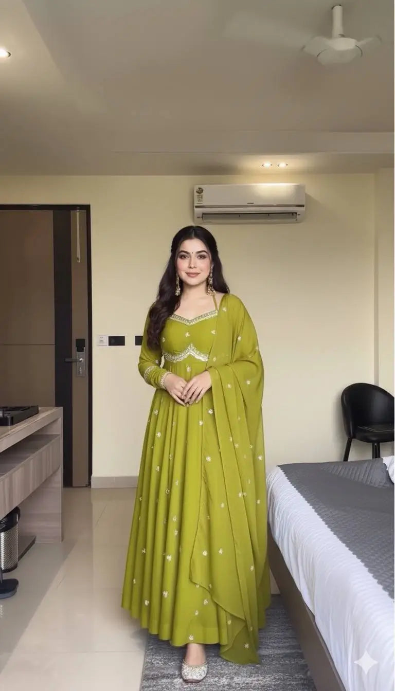 Embroidered Fox Georgette Umbrella Gown Set