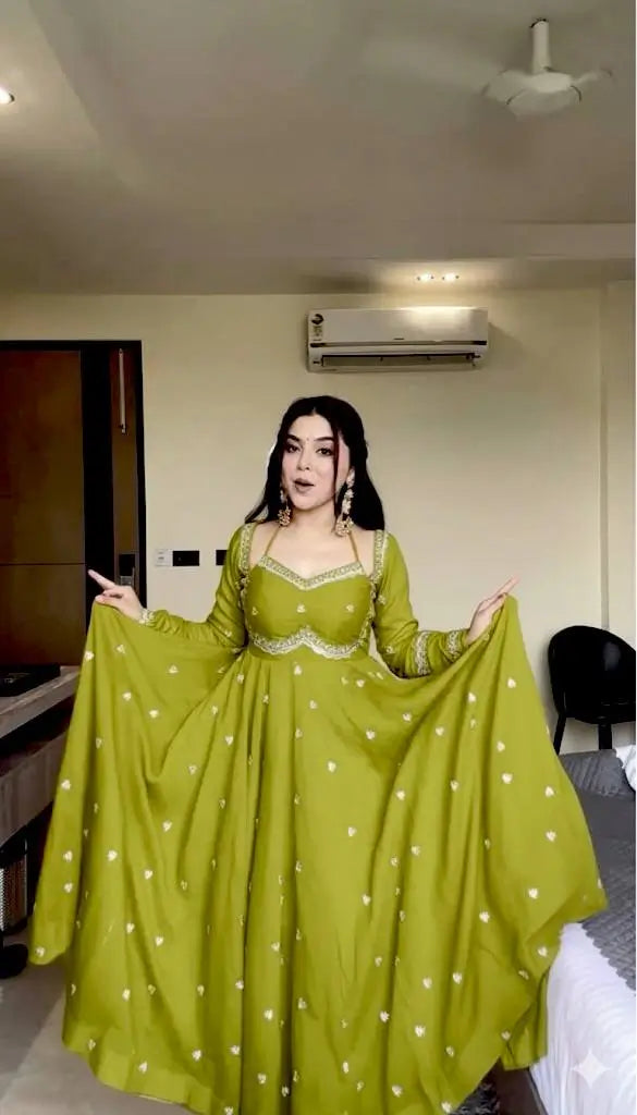 Embroidered Fox Georgette Umbrella Gown Set