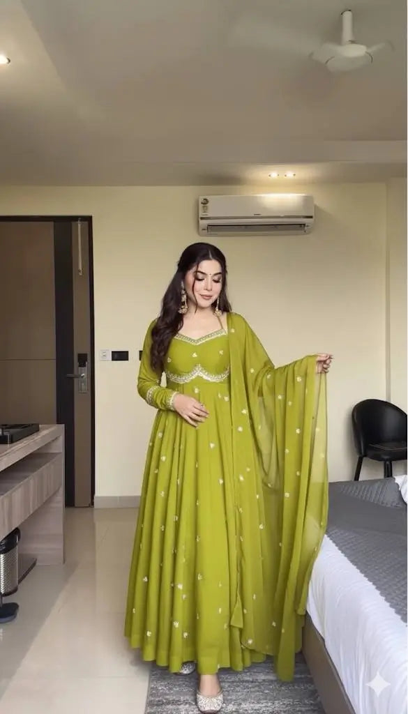 Embroidered Fox Georgette Umbrella Gown Set