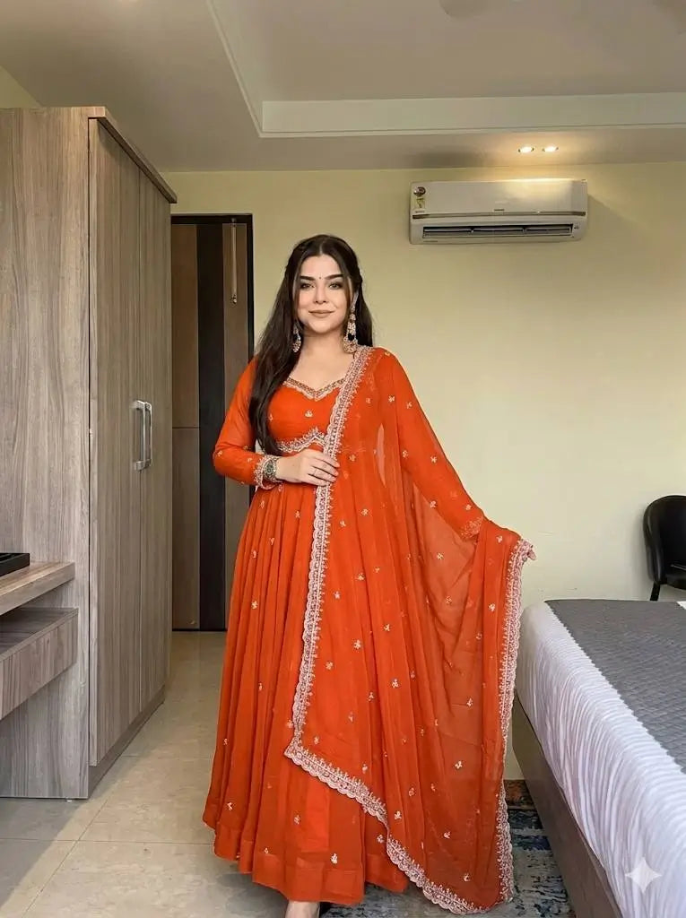 Embroidered Fox Georgette Umbrella Gown Set