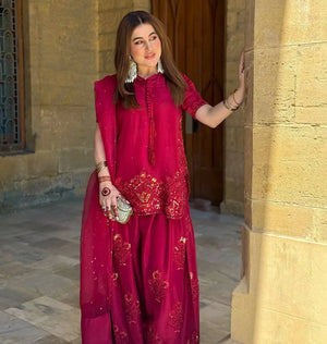 Embroidered French Crepe Farshi Palazzo Suit with Organza Dupatta