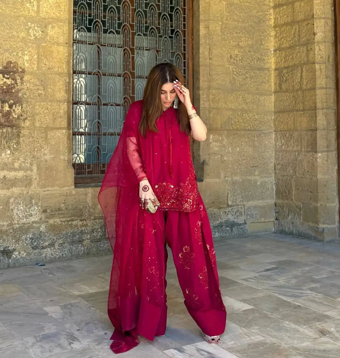 Embroidered French Crepe Farshi Palazzo Suit with Organza Dupatta