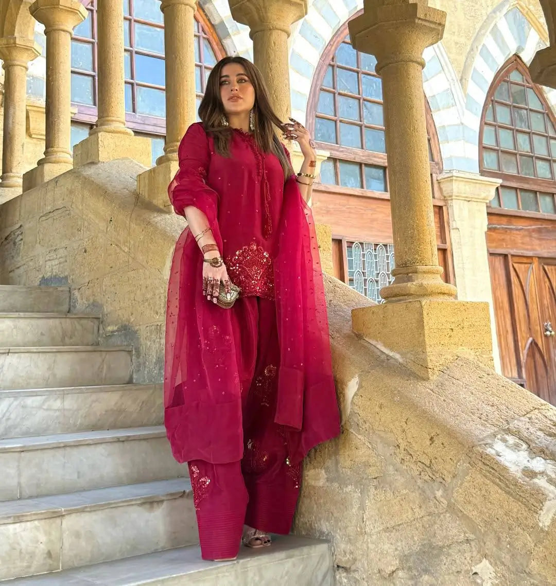 Embroidered French Crepe Farshi Palazzo Suit with Organza Dupatta