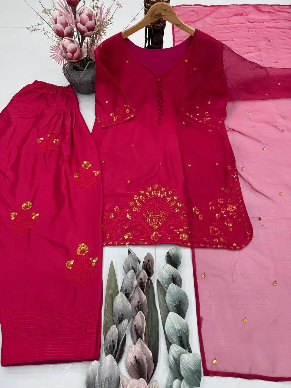 Embroidered French Crepe Farshi Palazzo Suit with Organza Dupatta
