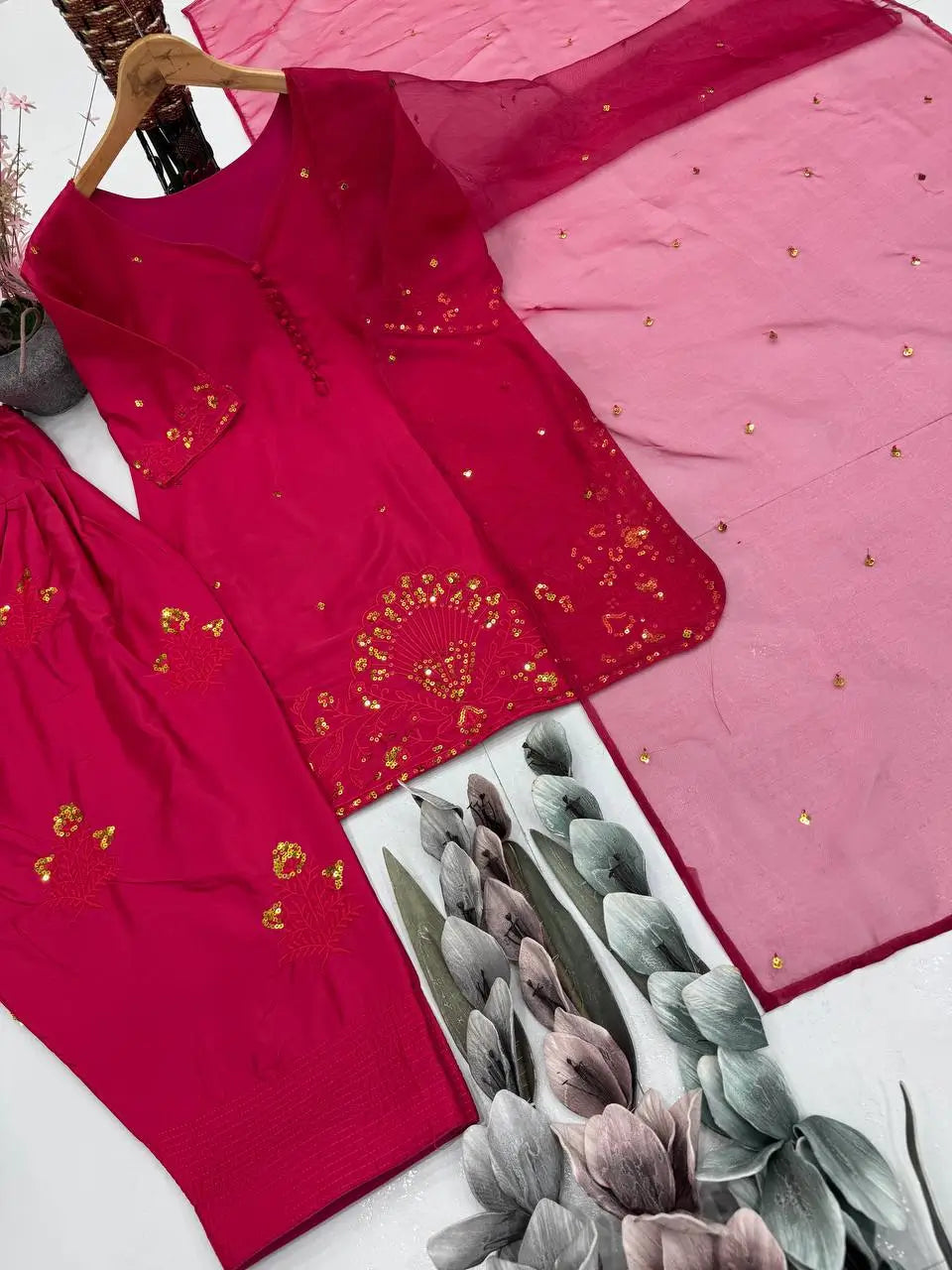 Embroidered French Crepe Farshi Palazzo Suit with Organza Dupatta