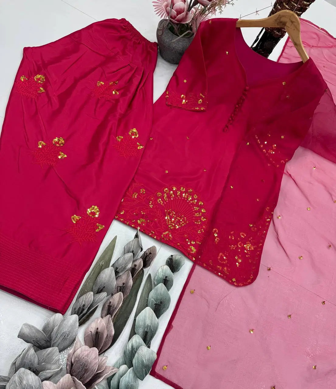Embroidered French Crepe Farshi Palazzo Suit with Organza Dupatta