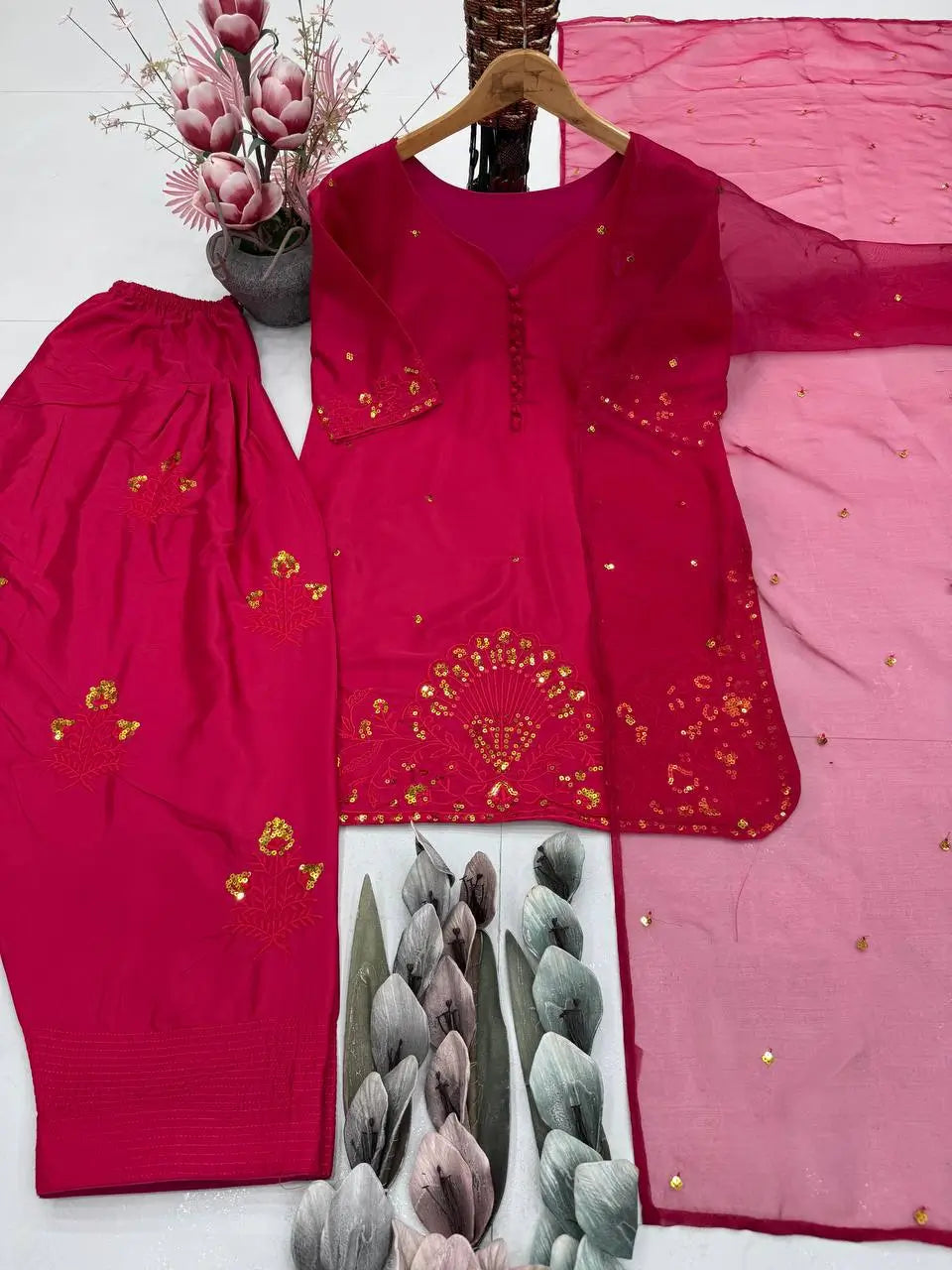 Embroidered French Crepe Farshi Palazzo Suit with Organza Dupatta