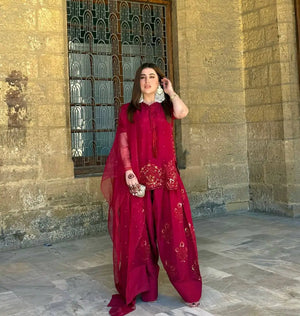 Embroidered French Crepe Farshi Palazzo Suit with Organza Dupatta