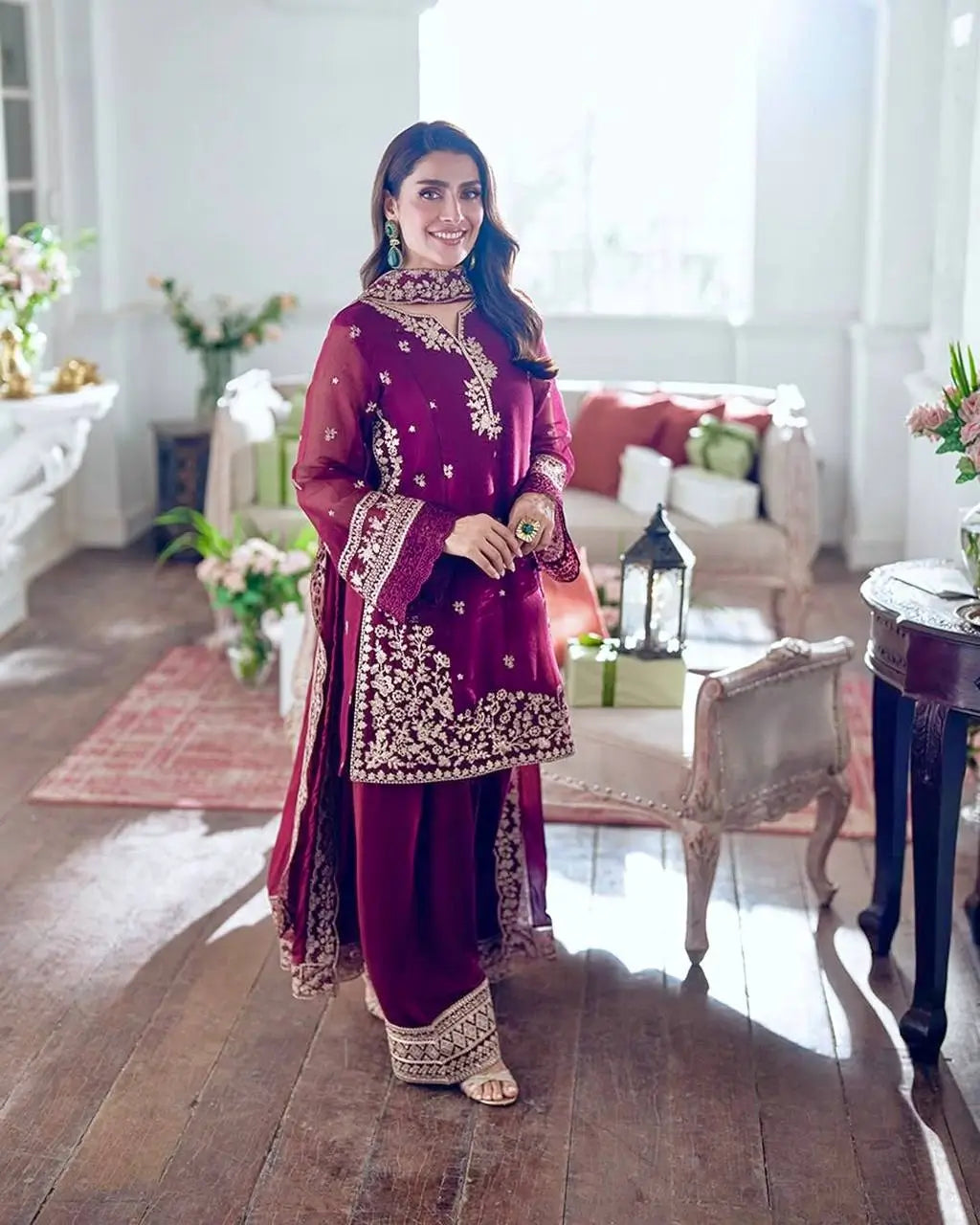Embroidered French Crepe Palazzo Suit with Dupatta