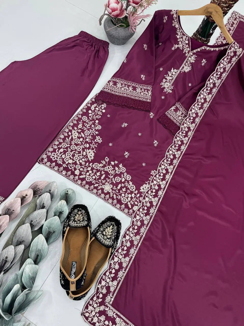 Embroidered French Crepe Palazzo Suit with Dupatta