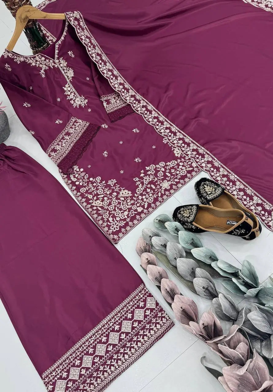 Embroidered French Crepe Palazzo Suit with Dupatta