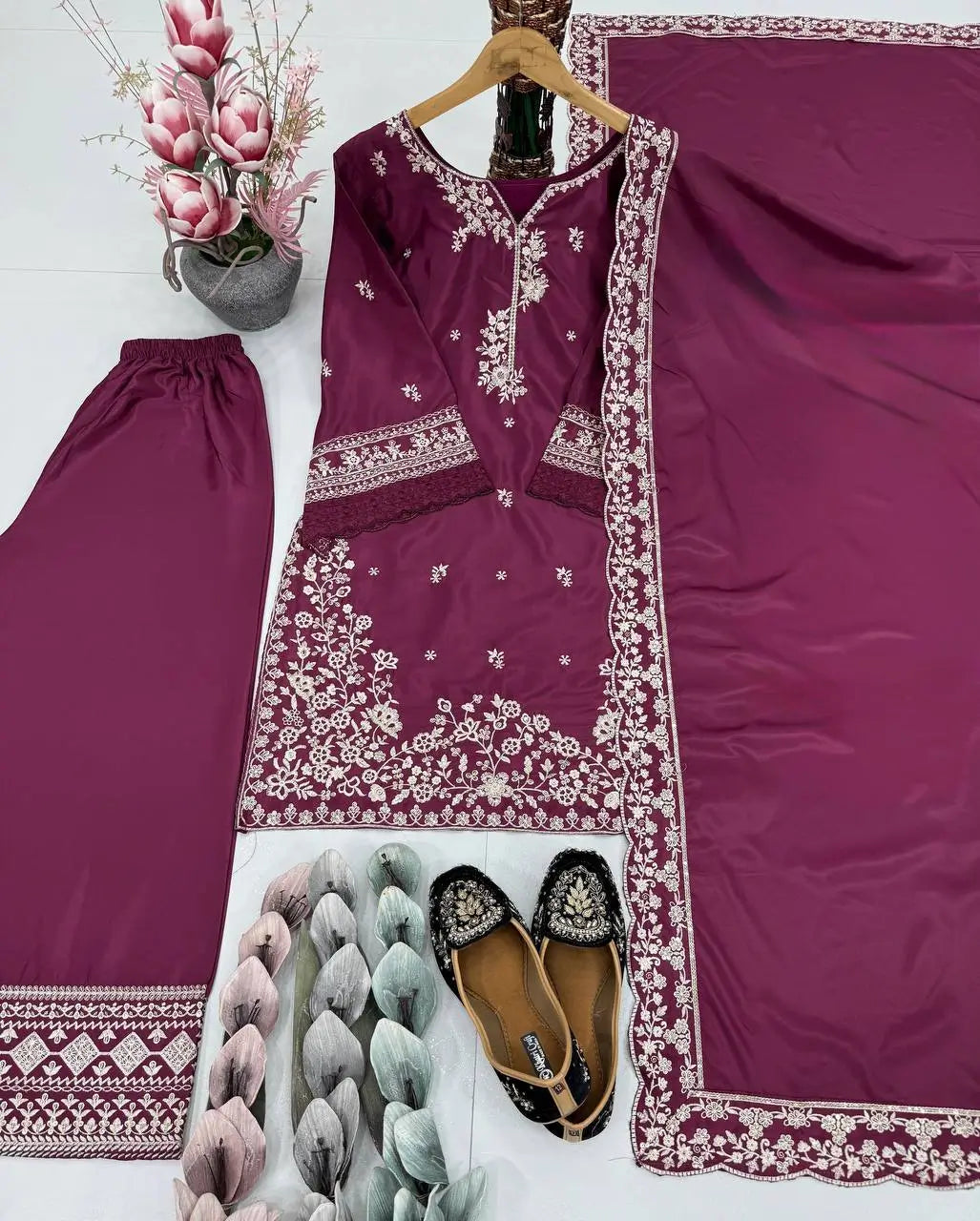 Embroidered French Crepe Palazzo Suit with Dupatta
